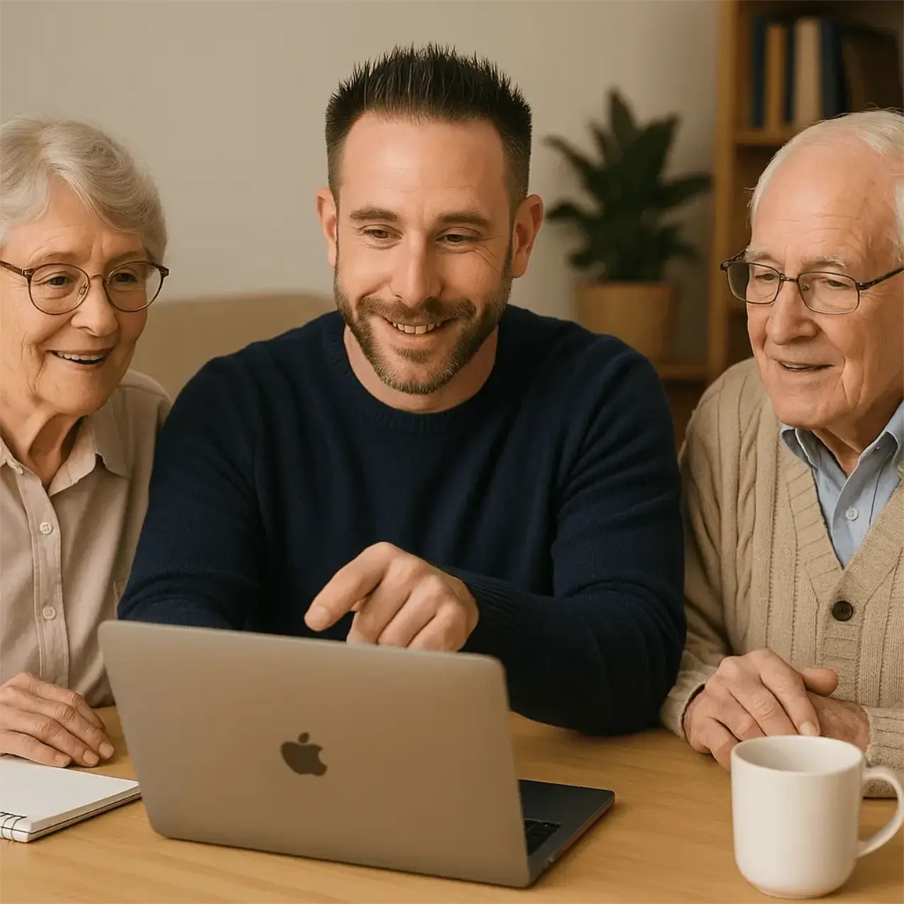 A man helping a senior couple use a laptop at their kitchen table